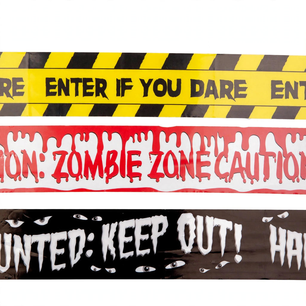 Close-up view of yellow and black Halloween caution tape from Wicked Costumes