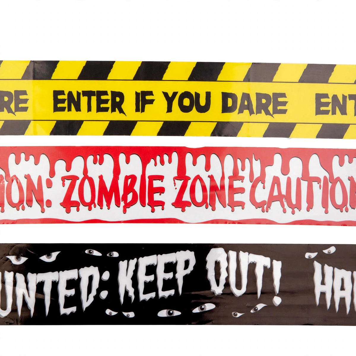 Close-up view of yellow and black Halloween caution tape from Wicked Costumes