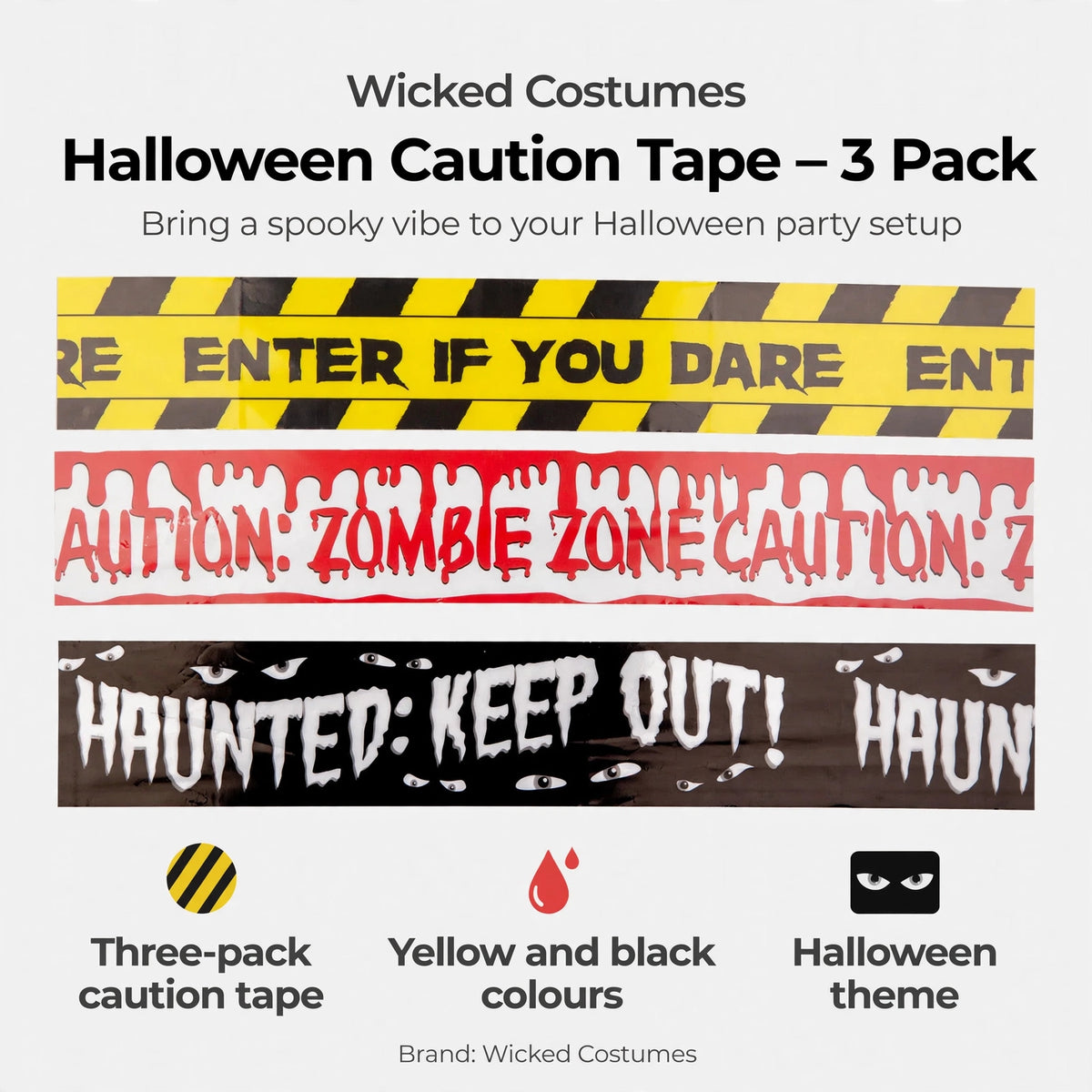 Infographic showing three-pack caution tape with yellow and black colours and Halloween theme