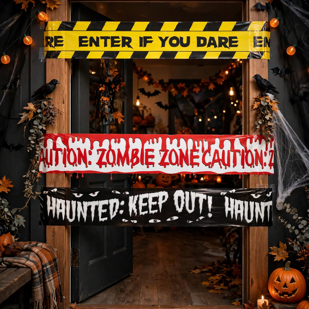 Halloween caution tape used to mark boundaries at a Halloween party setup