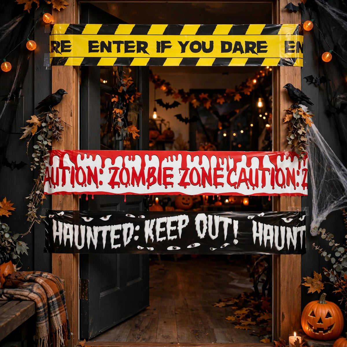 Halloween caution tape used to mark boundaries at a Halloween party setup