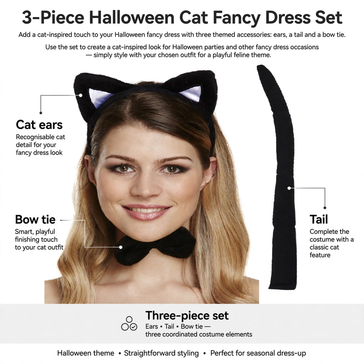 Infographic showing cat ears, tail, and bow tie as three coordinated costume elements