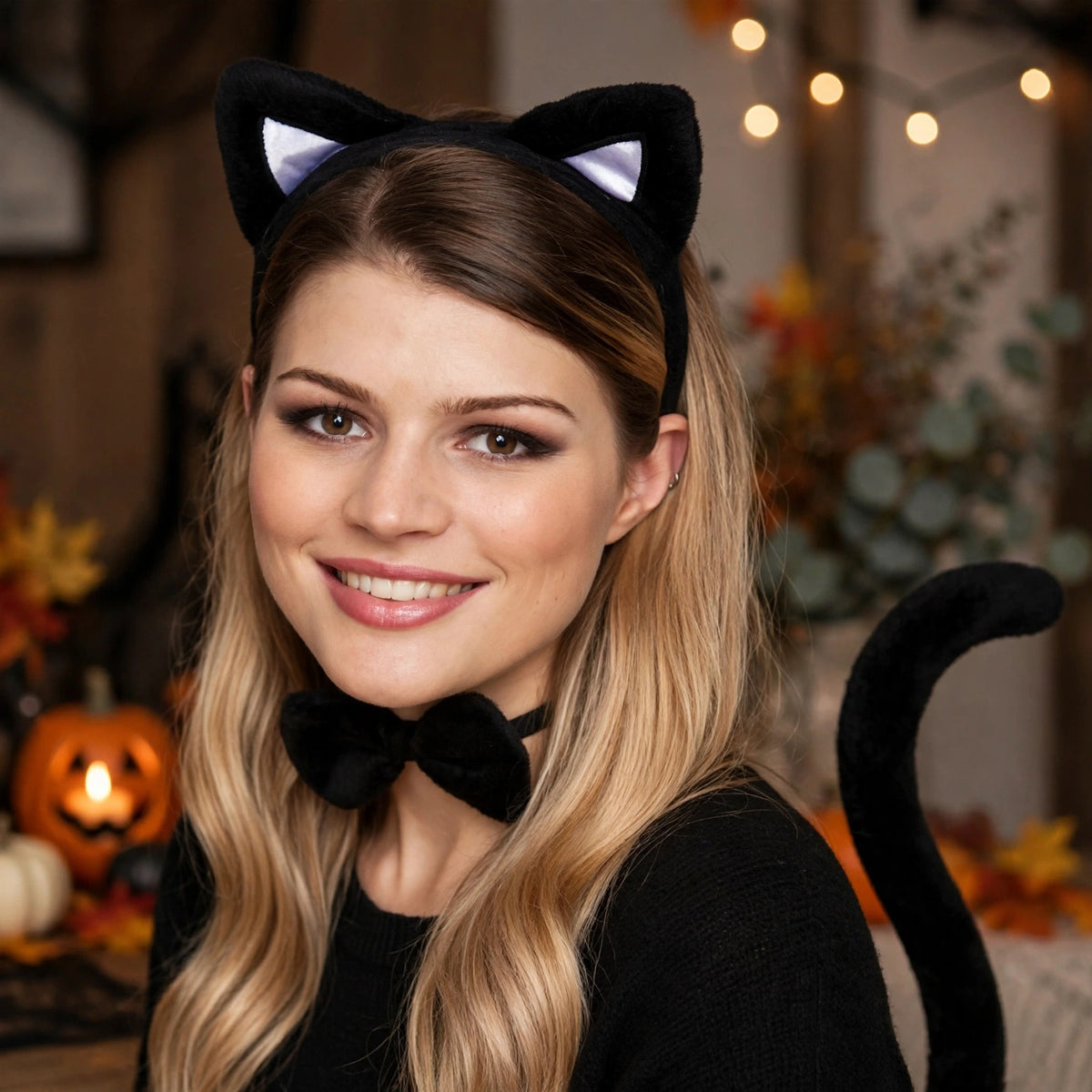 Person wearing Halloween cat ears, tail, and bow tie accessories for a fancy dress event
