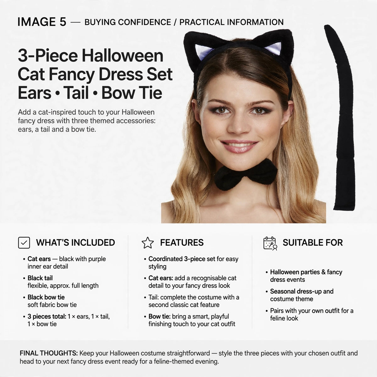 Halloween cat costume accessories set with ears, tail, and bow tie for fancy dress