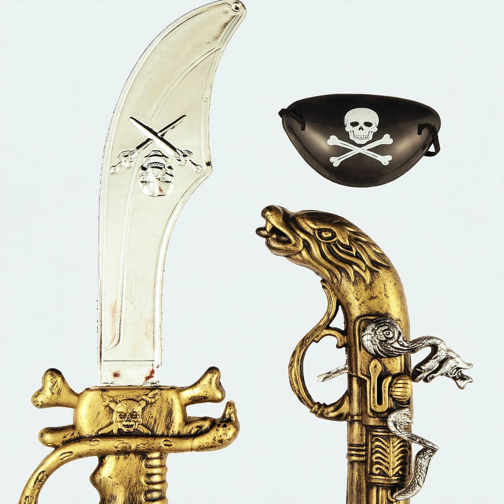 Close-up view of Henbrandt pirate set sword, toy gun and eye patch