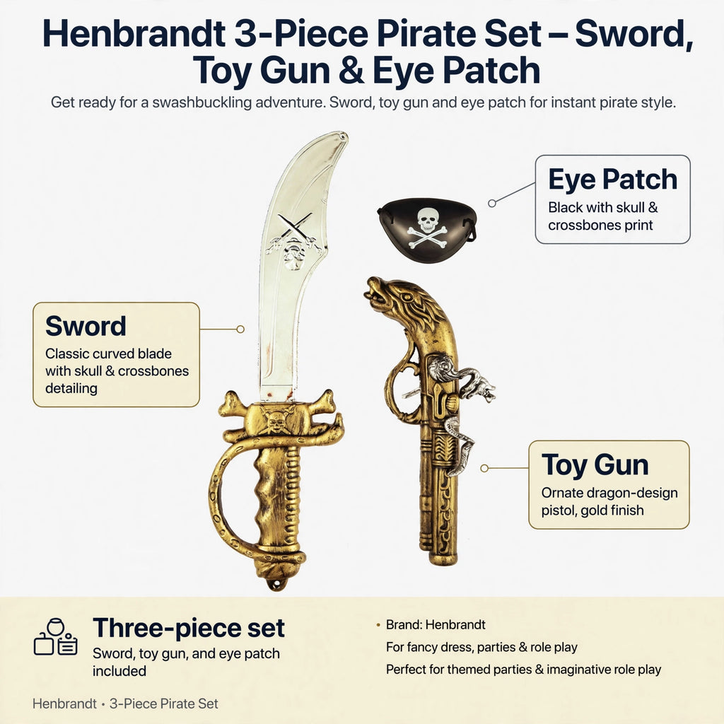 Infographic showing three-piece pirate set including sword, toy gun and eye patch