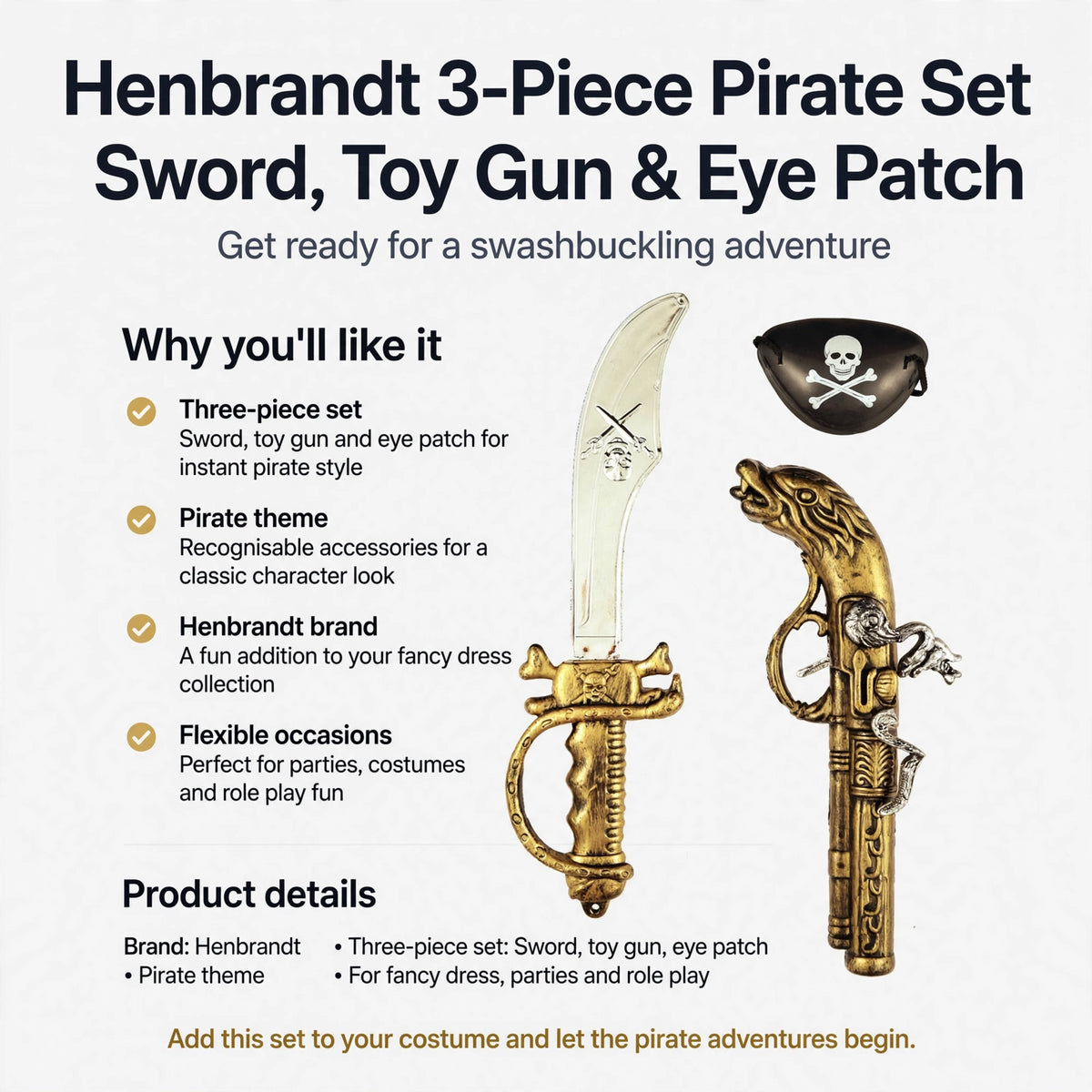 Henbrandt pirate set designed for fancy dress, themed parties and role play