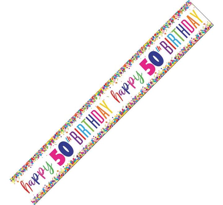 Happy 50th Birthday Foil Banner Multi-Coloured Confetti 9 Foot Long | Merthyr Tydfil | Why Not Shop Online