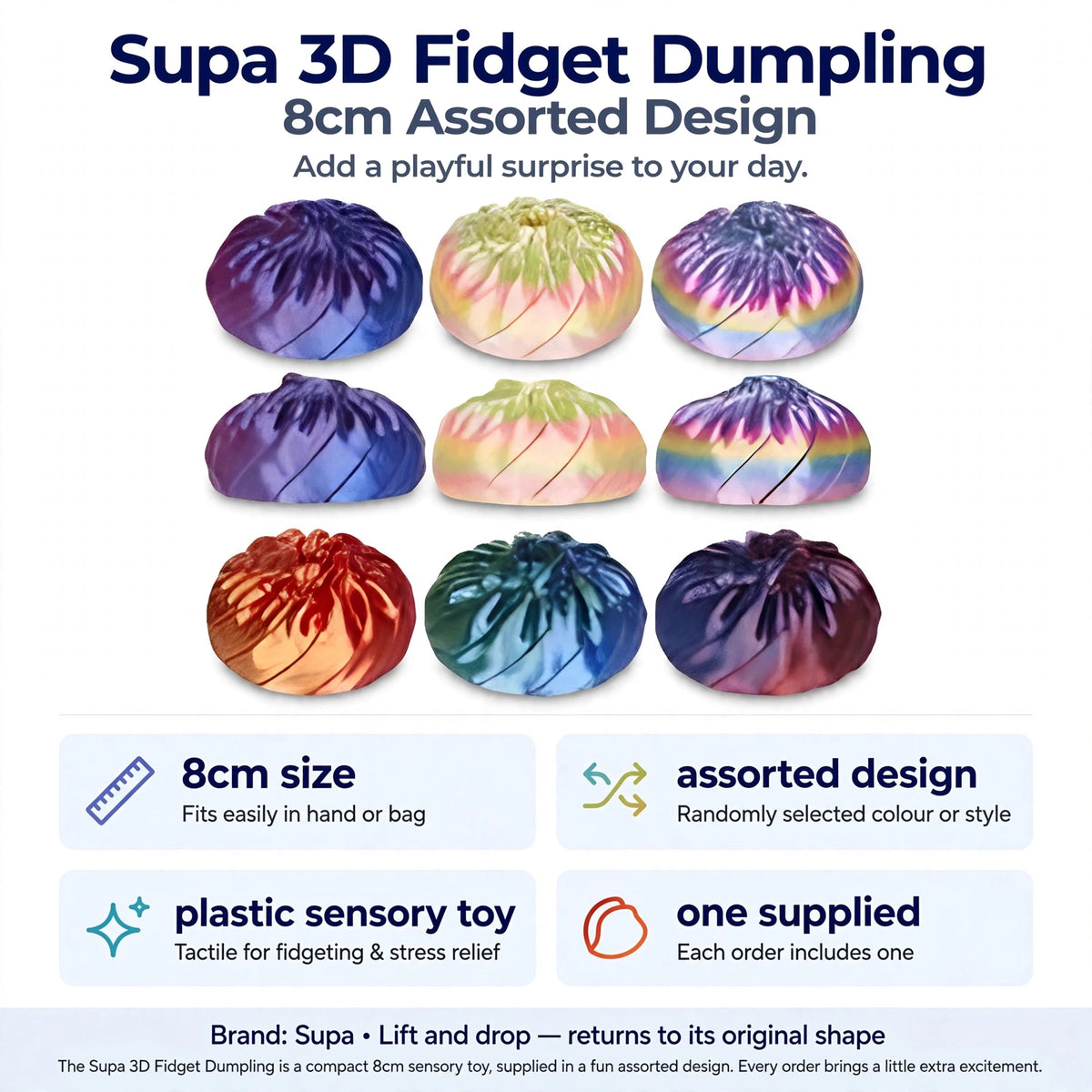 Infographic showing 8cm size, assorted design, plastic material, and single item supplied