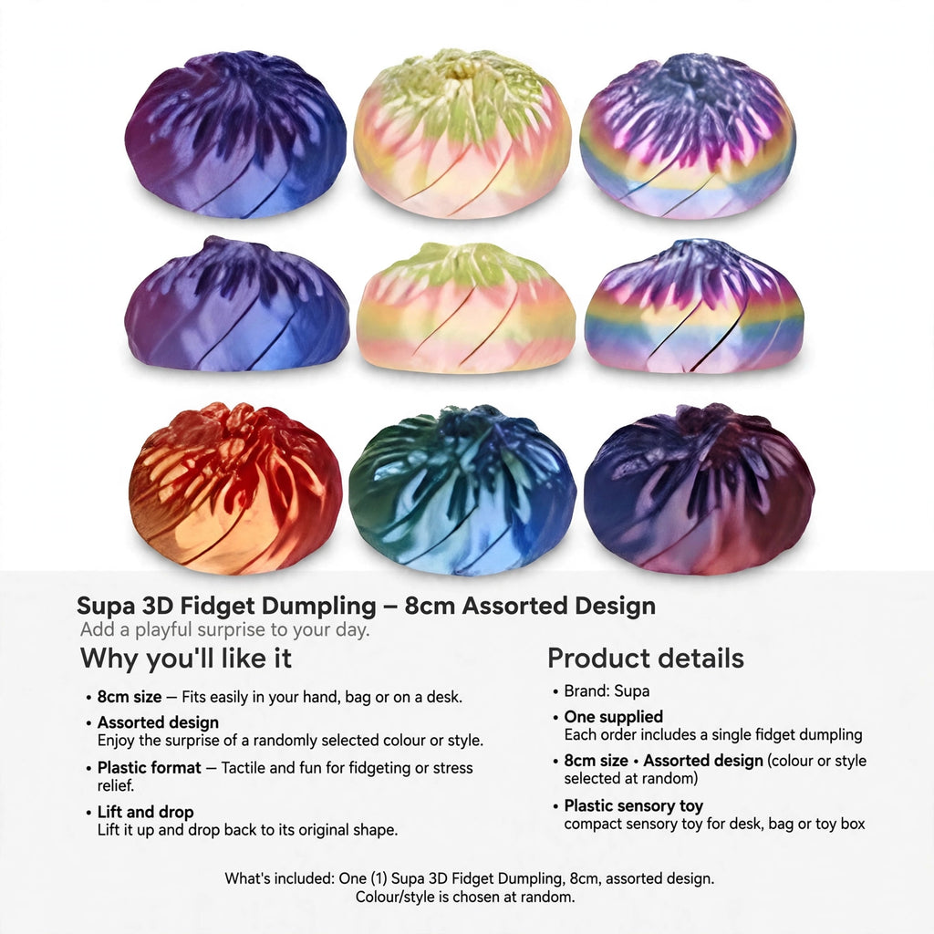 Information about 8cm size, assorted design, plastic sensory toy, and one supplied