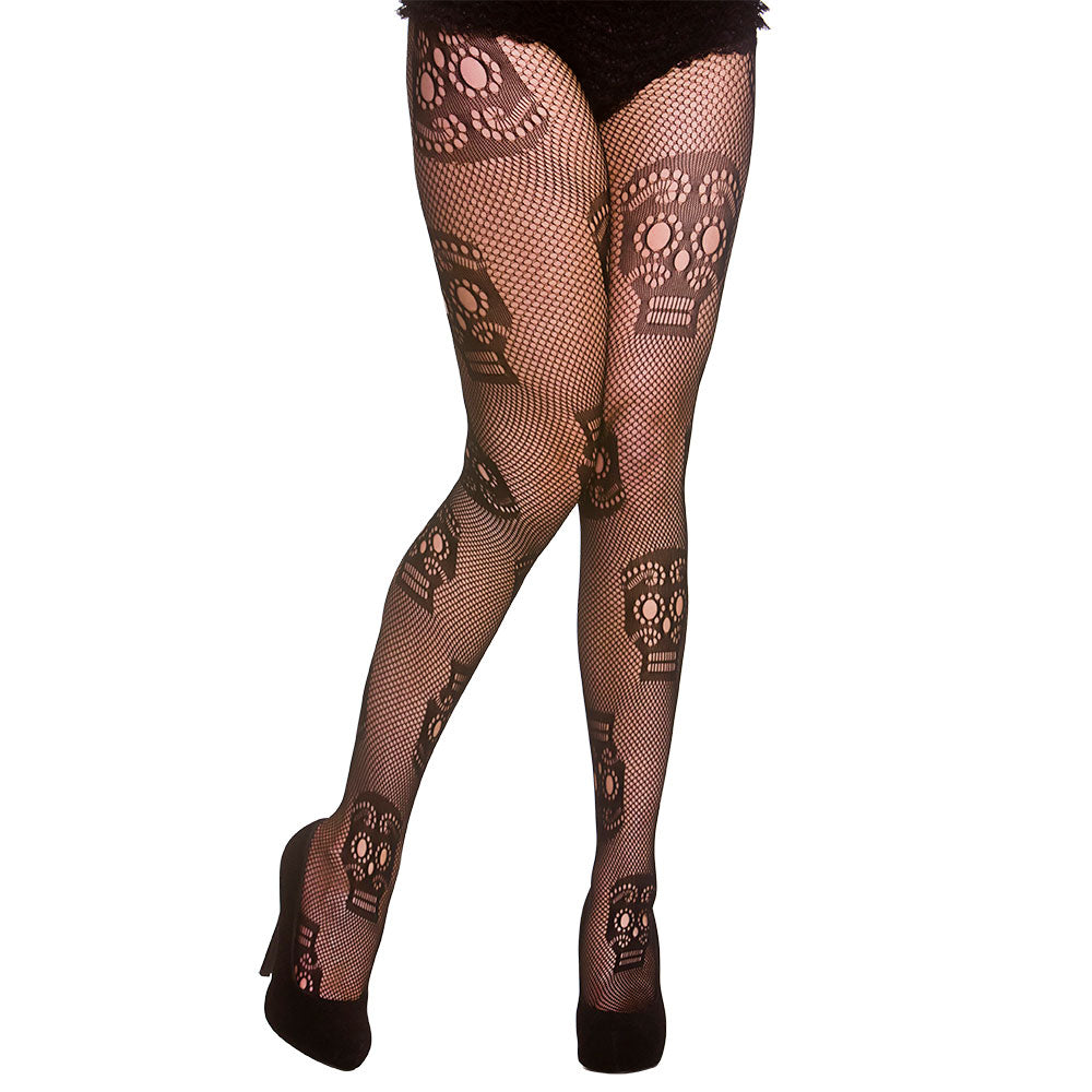 Womens Black Fishnet Tights With Skull Design One Size