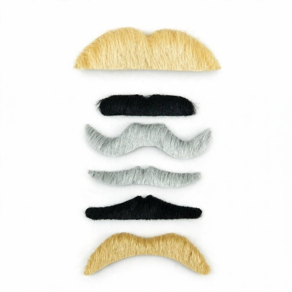 Close-up view of assorted coloured self-adhesive fancy dress moustaches