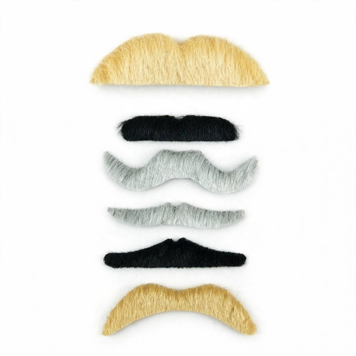 Close-up view of assorted coloured self-adhesive fancy dress moustaches