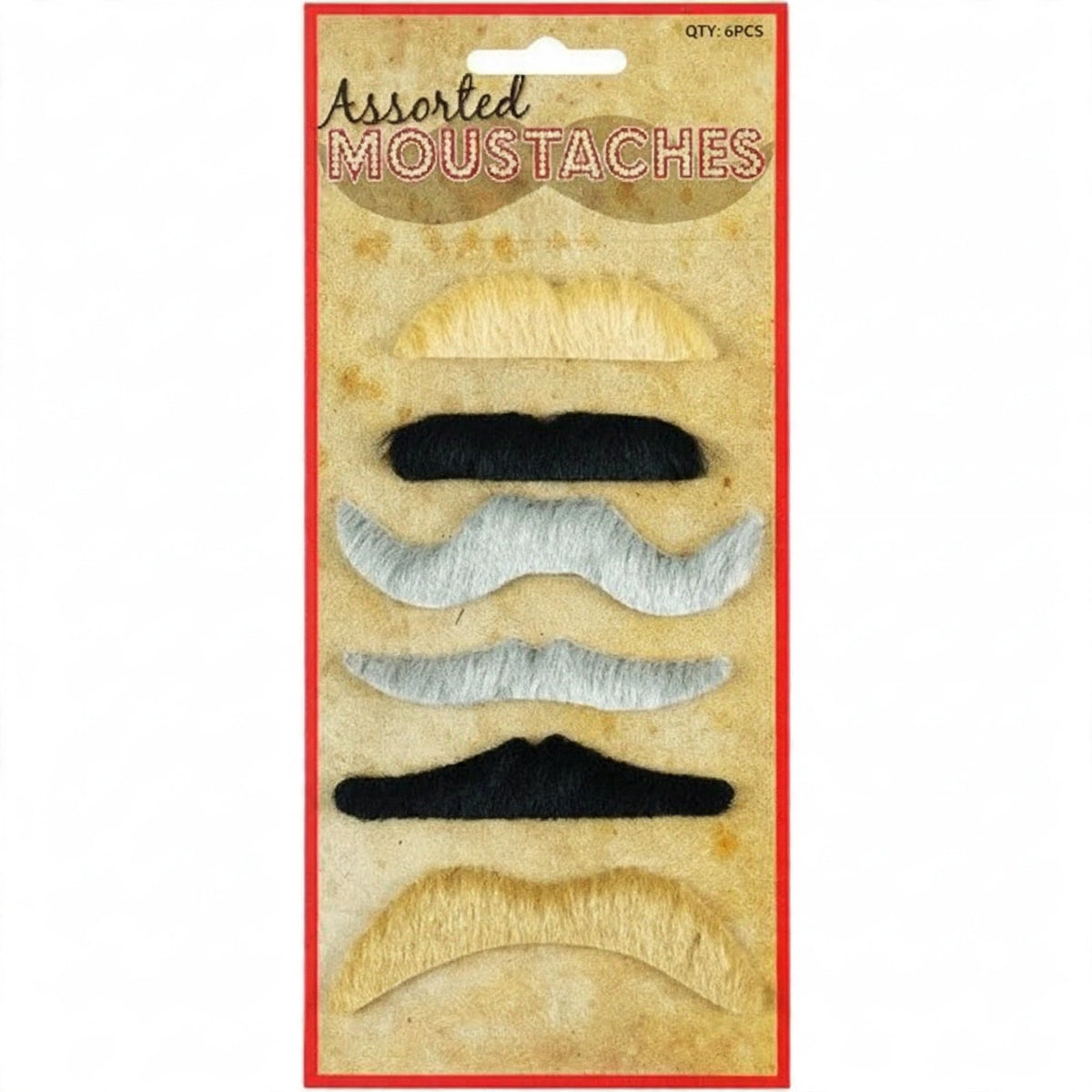 Pack of 6 assorted coloured fancy dress moustaches in blonde black and grey