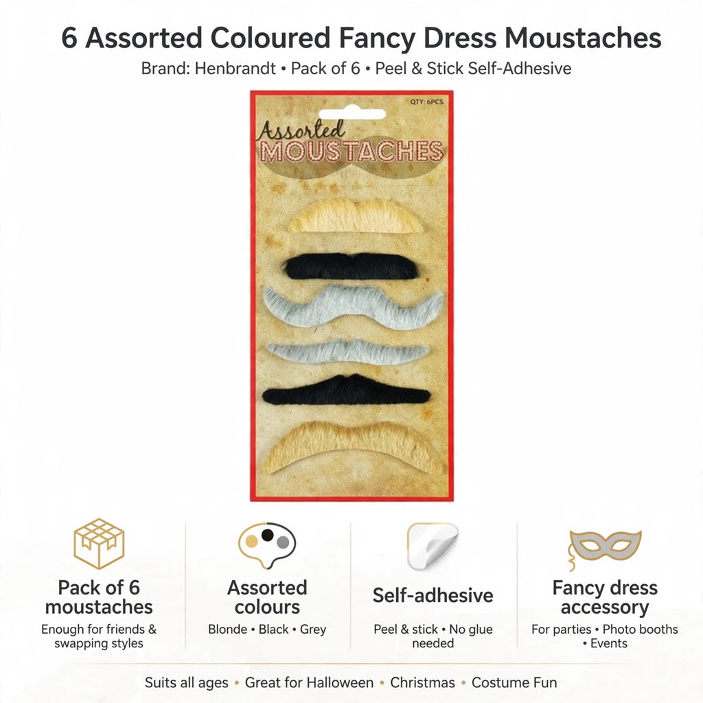 Infographic showing pack of 6 self-adhesive assorted coloured fancy dress moustaches