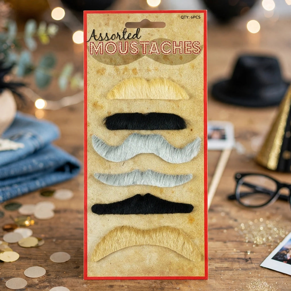 People wearing assorted coloured fancy dress moustaches at a party or event