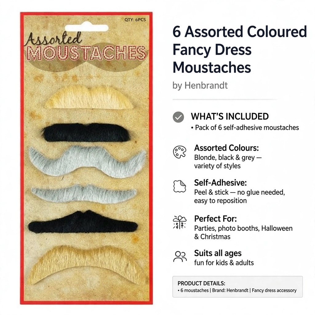 Pack includes six self-adhesive moustaches in blonde black and grey for parties and events