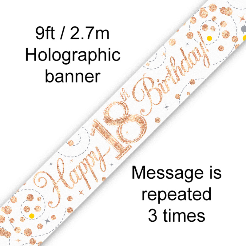 9ft Sparkling Fizz 18th Birthday Banner White & Rose Gold
