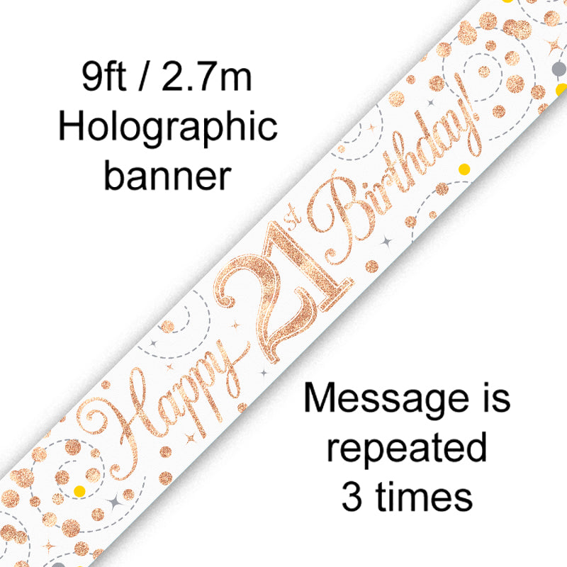 9ft 21st Banner Sparkling Fizz Birthday White & Rose Gold