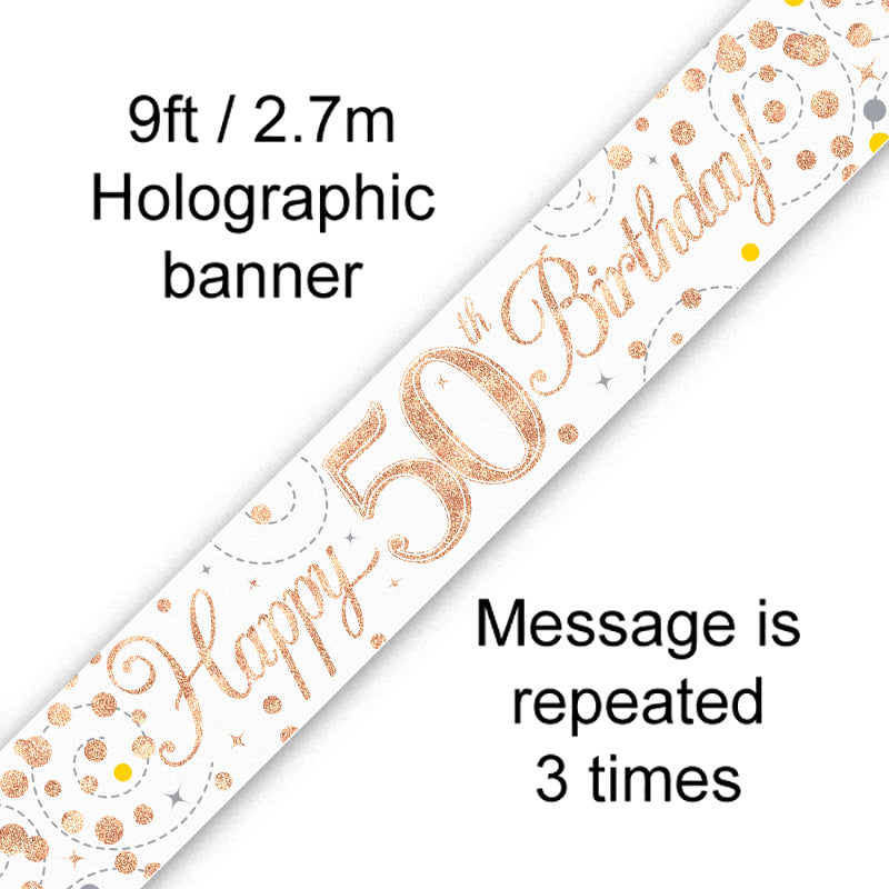 9ft Sparkling Fizz 50th Birthday Banner Rose Gold & White