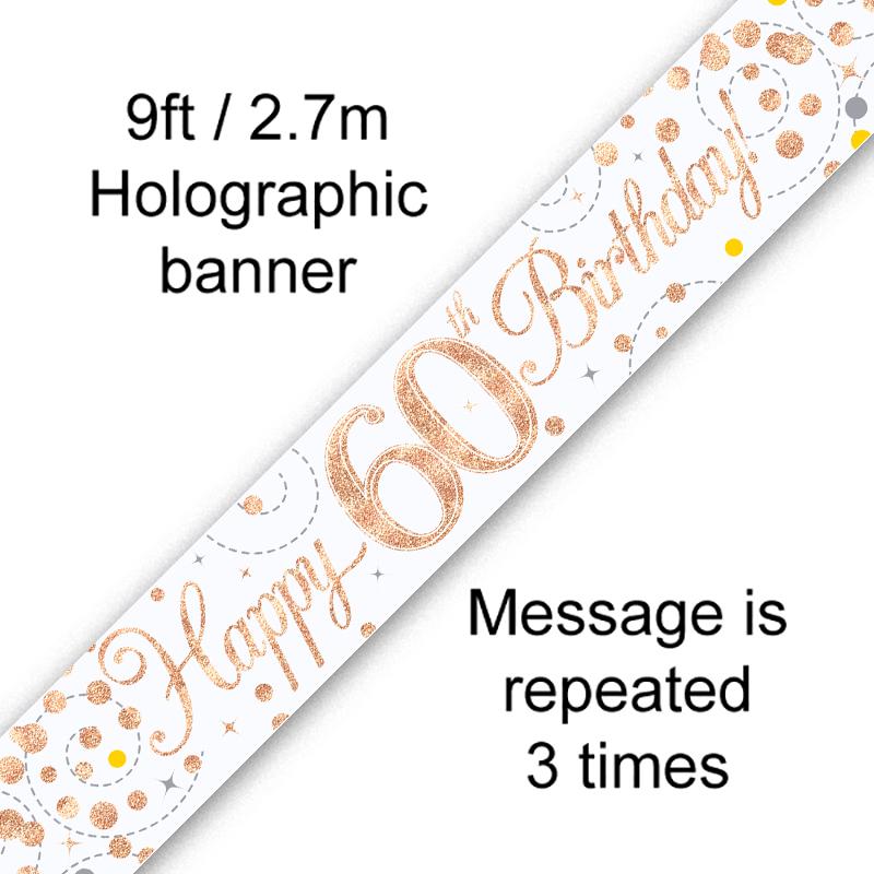 Holographic birthday banner with 'Happy 60th Birthday' text on a white background