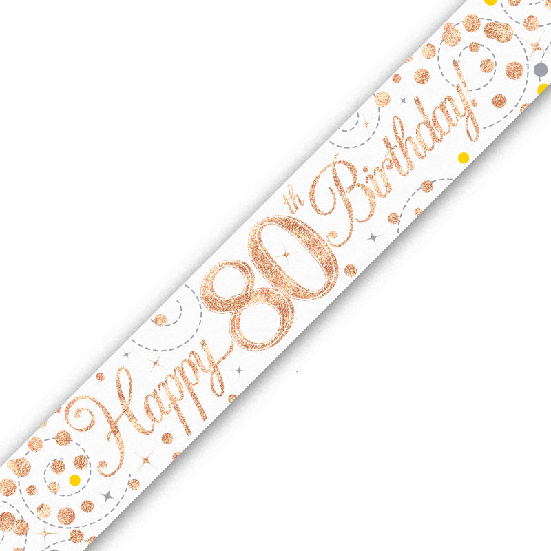 Holographic 80th birthday banner with 'Happy 80th Birthday!' text on a white background