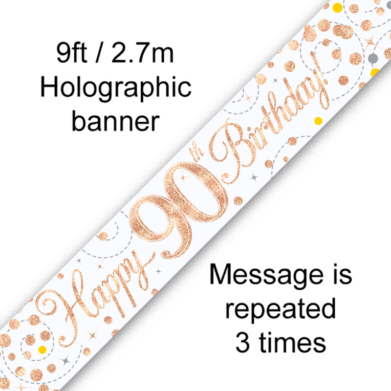 9ft Sparkling Fizz 90th Birthday Banner Rose Gold & White