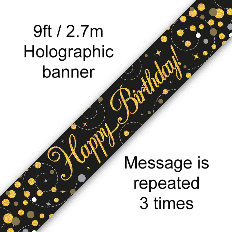 9ft Sparkling Fizz Happy Birthday Banner Black & Gold