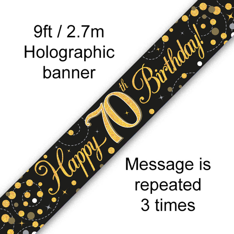 9ft Sparkling Fizz 70th Birthday Banner Black & Gold