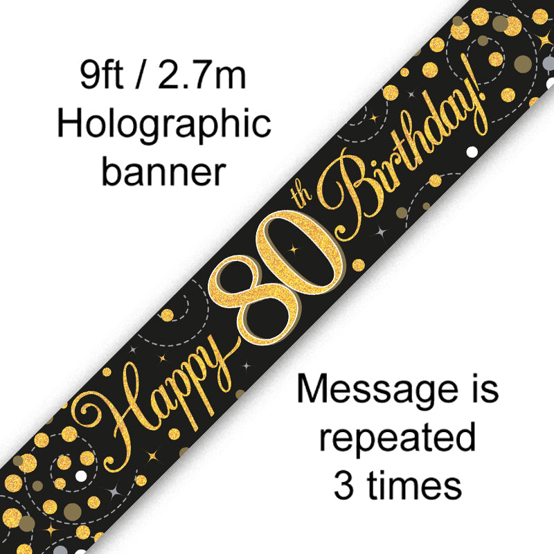 9ft Sparkling Fizz 80th Birthday Banner Black & Gold