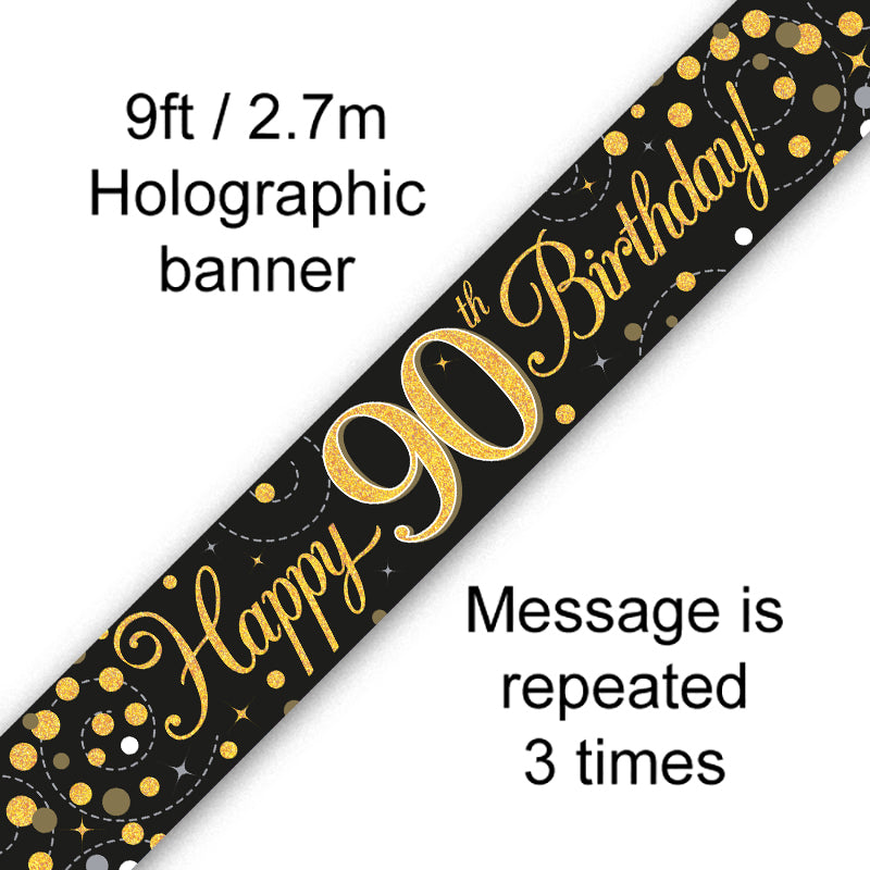 9ft Sparkling Fizz 90th Birthday Banner Black & Gold