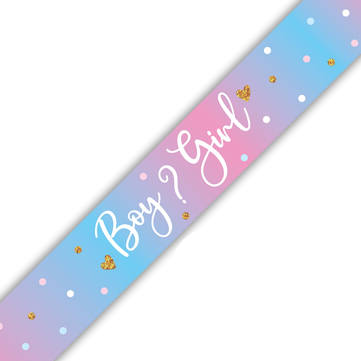 A diagonal baby shower banner with a pastel blue, pink, and purple gradient, featuring the text 'Boy? Girl' in white script, gold glitter hearts, and white and pastel dots on a white background.