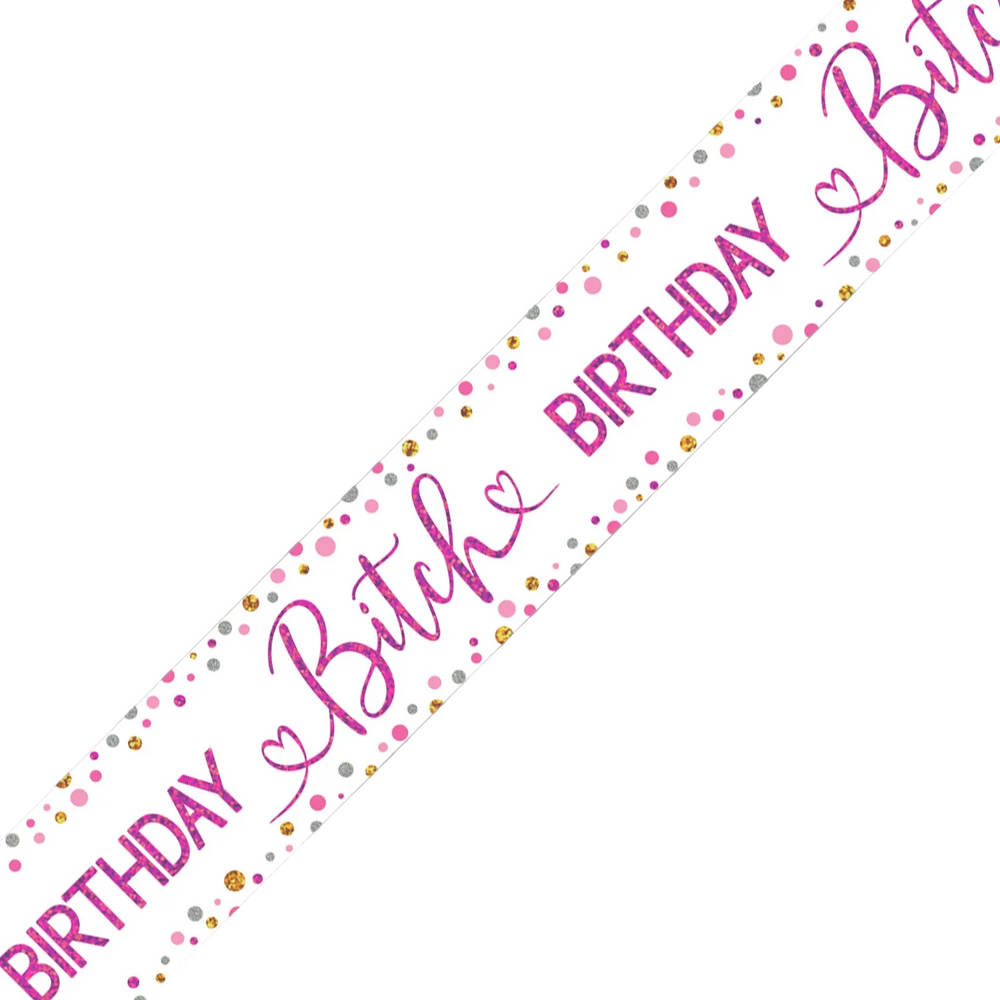 A diagonal banner graphic on a white background with text reading '9ft / 2.7m Holographic Banner' and 'Message is repeated 3 times.
