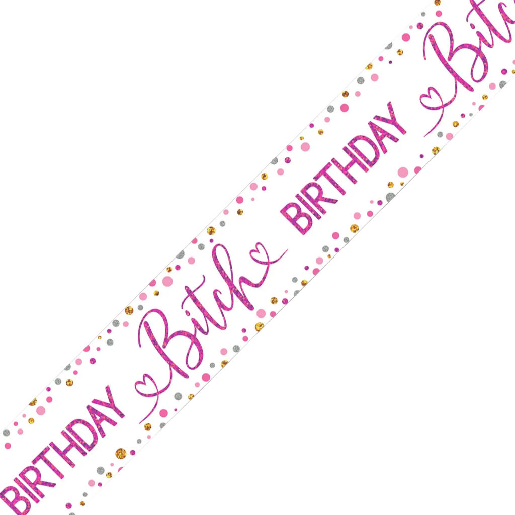 A diagonal banner graphic on a white background with text reading '9ft / 2.7m Holographic Banner' and 'Message is repeated 3 times.