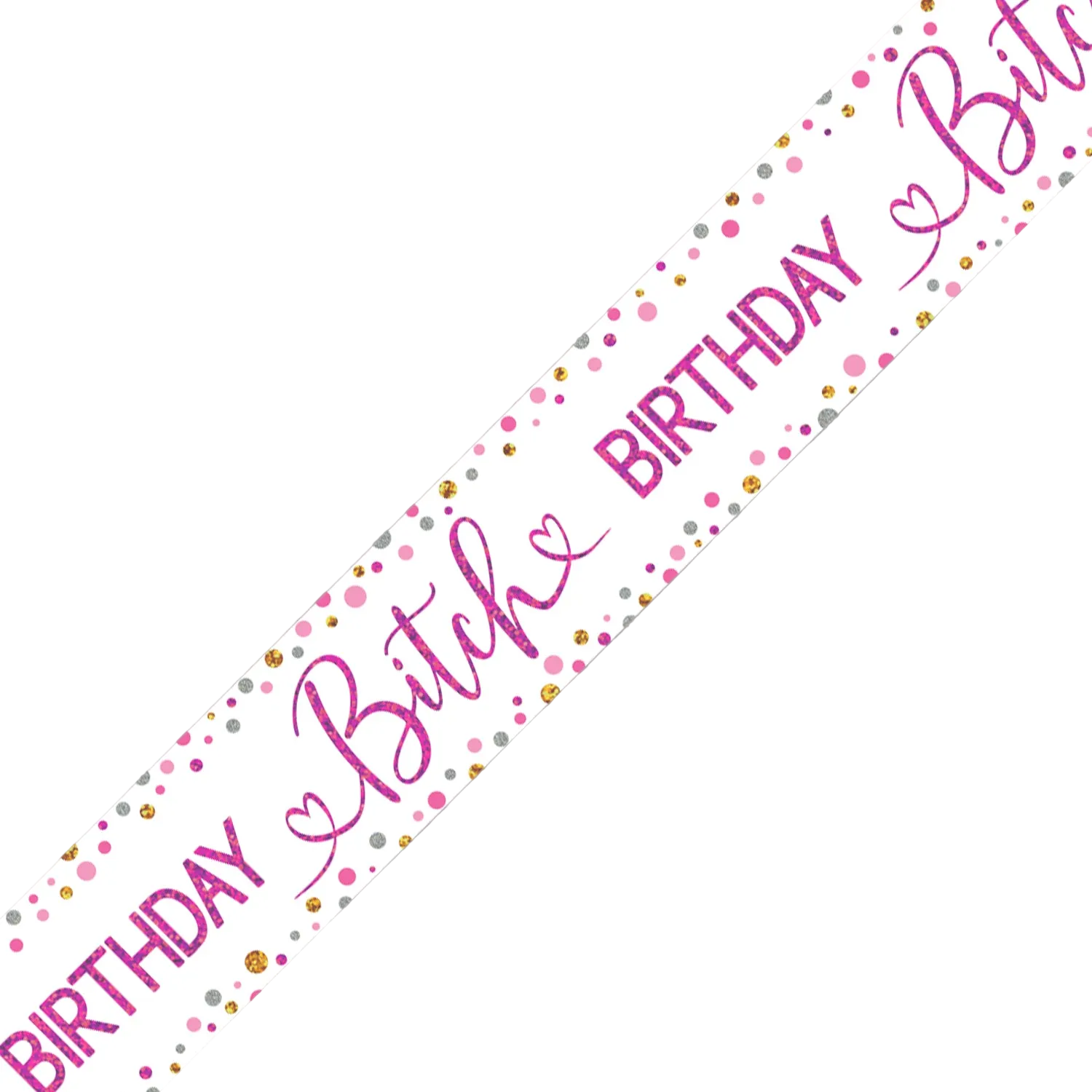A diagonal banner graphic on a white background with text reading '9ft / 2.7m Holographic Banner' and 'Message is repeated 3 times.