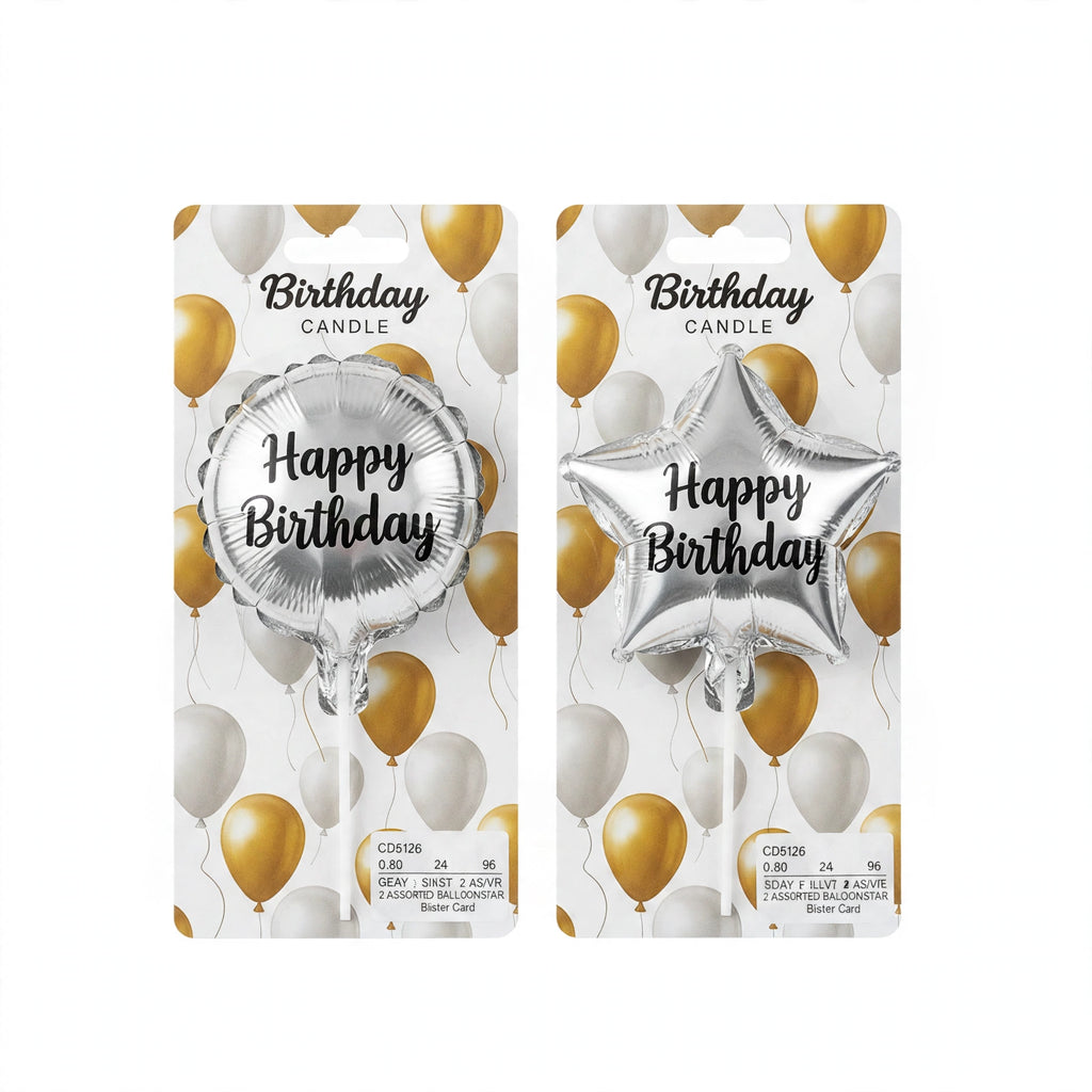 Silver birthday candles with assorted designs standing upright