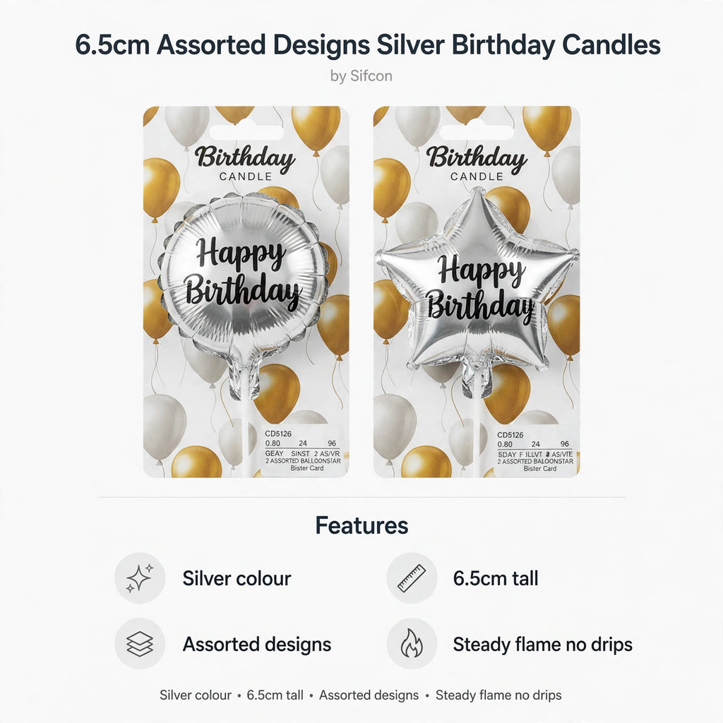 Infographic showing silver colour, 6.5cm height, assorted designs, steady flame with no drips