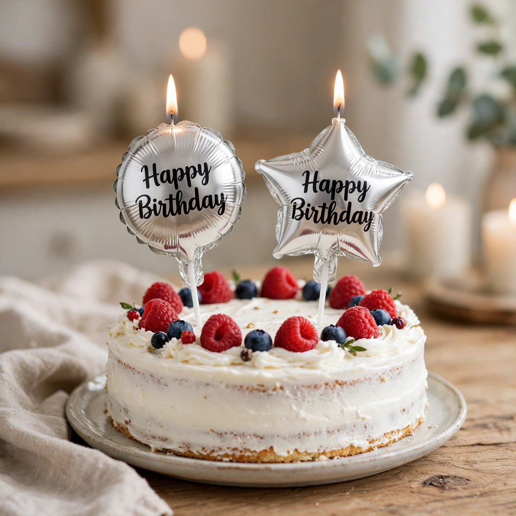Silver birthday candles inserted into a birthday cake for celebration