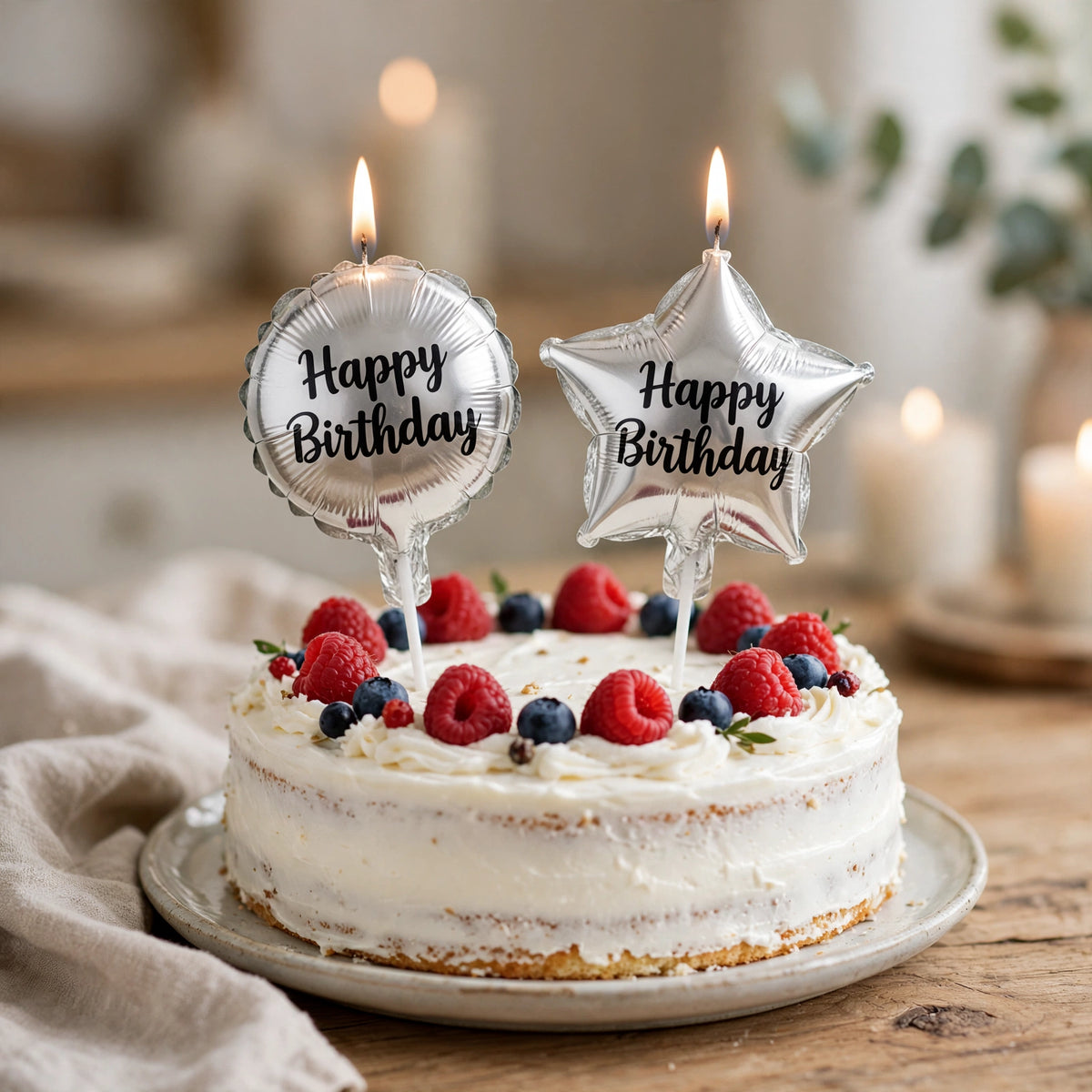 Silver birthday candles inserted into a birthday cake for celebration