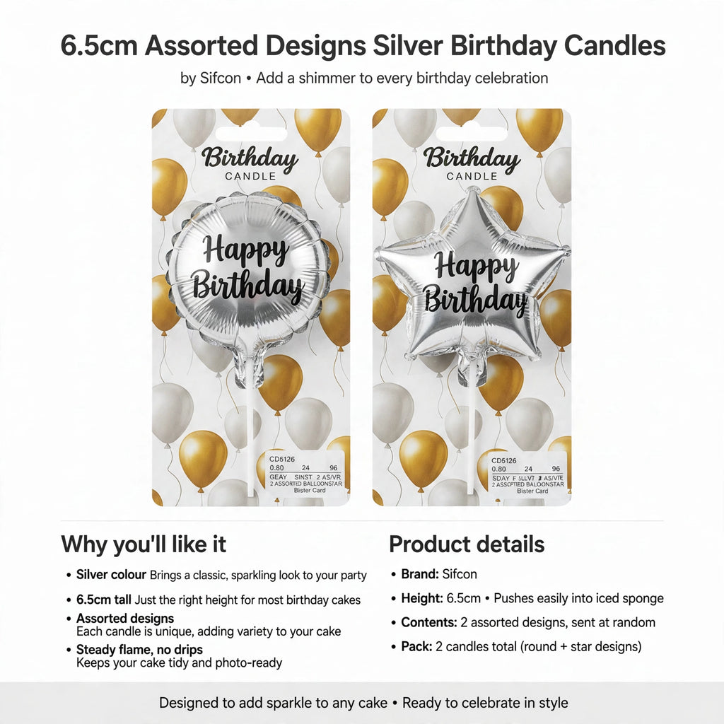 Silver birthday candles that push easily into iced sponge and burn with steady, drip-free flame