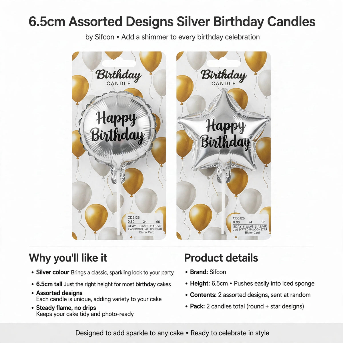 Silver birthday candles that push easily into iced sponge and burn with steady, drip-free flame
