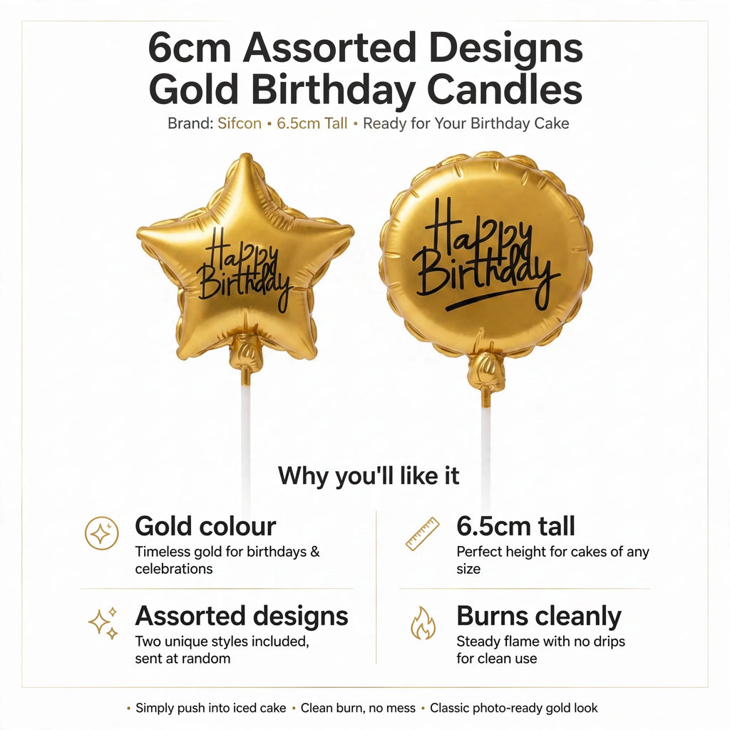 Infographic showing gold colour, 6.5cm height, assorted designs, and clean burning candles