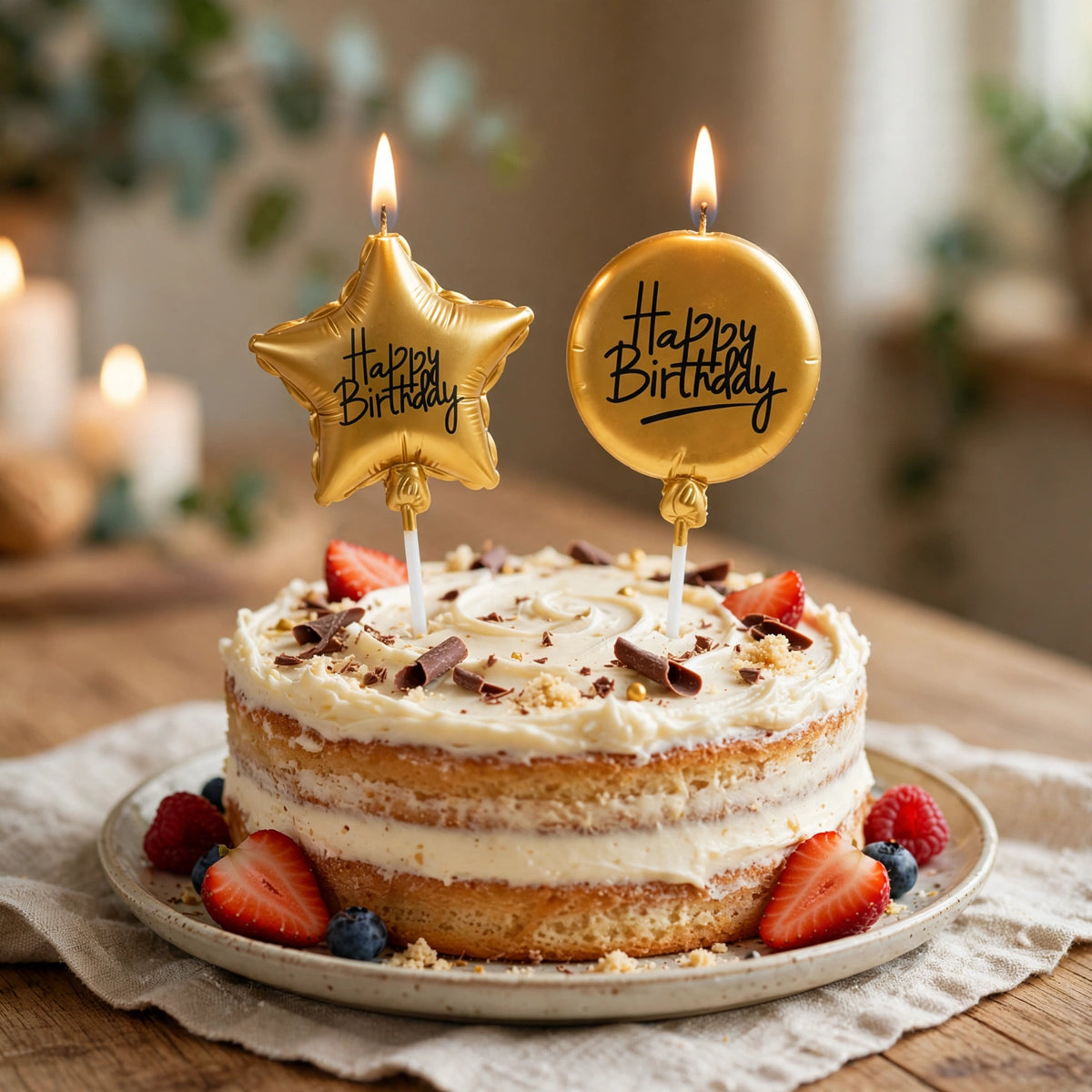 Gold birthday candles inserted into an iced sponge cake for a birthday celebration