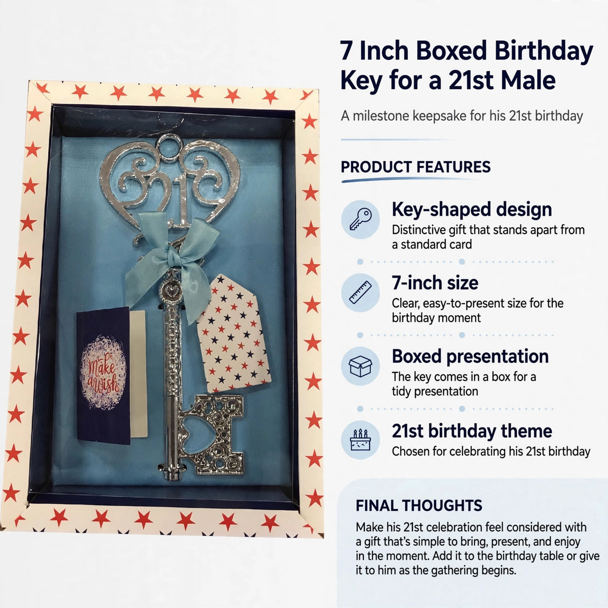 Infographic showing key-shaped design, 7-inch size, boxed presentation, and 21st birthday theme