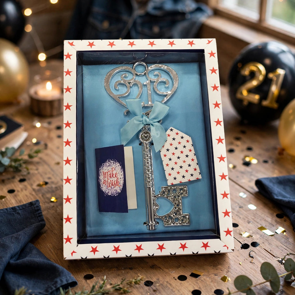7 Inch Boxed Birthday Key displayed as a gift for a male 21st birthday celebration