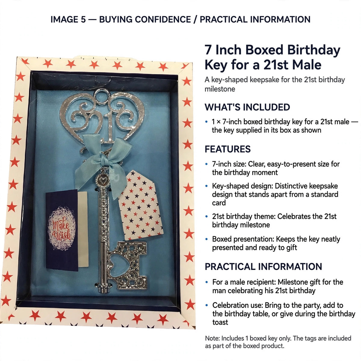 Boxed 7 Inch Birthday Key designed for 21st birthday gift presentation