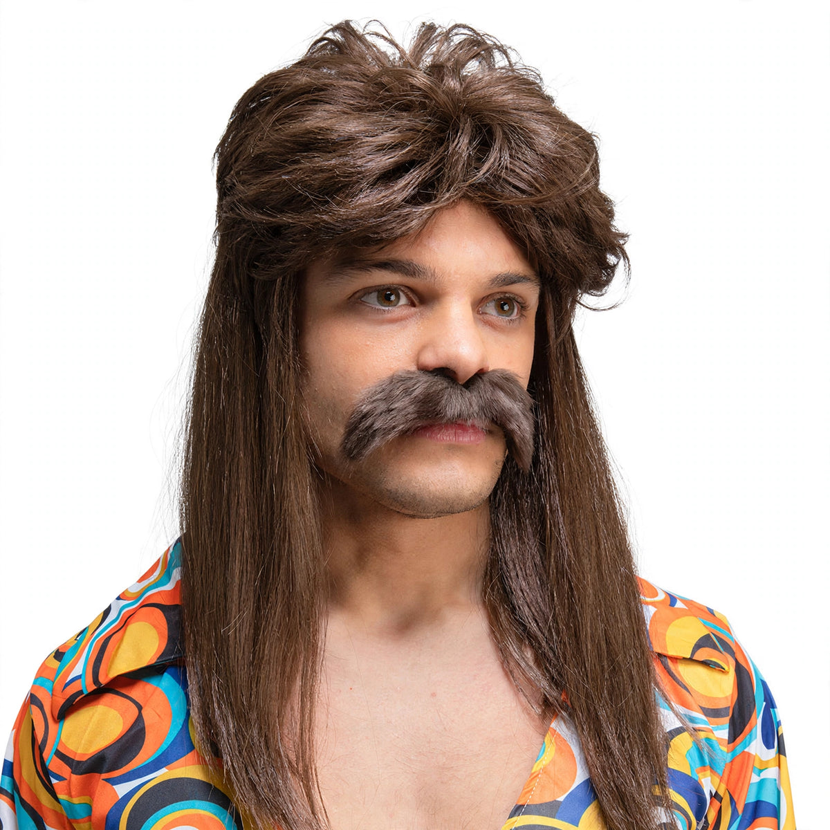 Close-up view of brown 70s style wig and matching moustache set