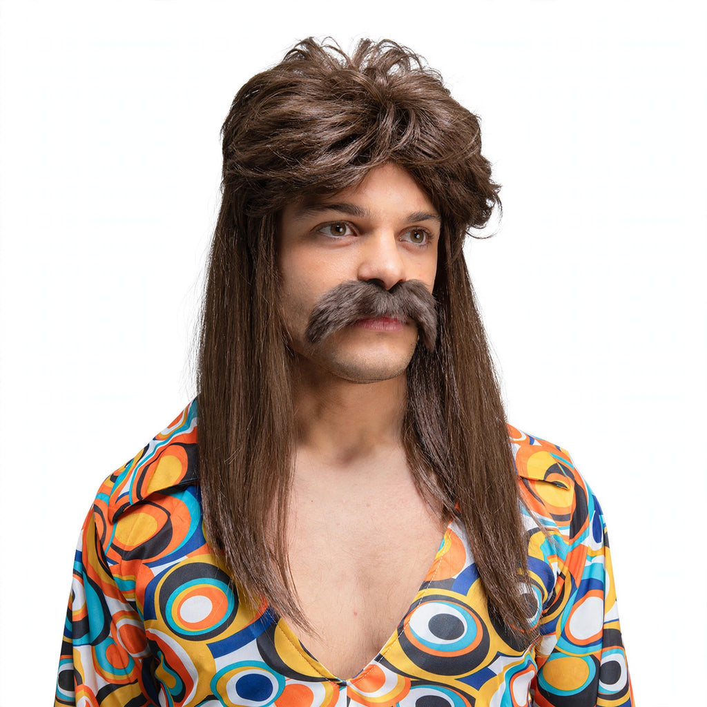 70s Guy Brown Wig and Moustache Set with brown flowing waves and matching moustache