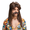 70s Guy Brown Wig and Moustache Set with brown flowing waves and matching moustache