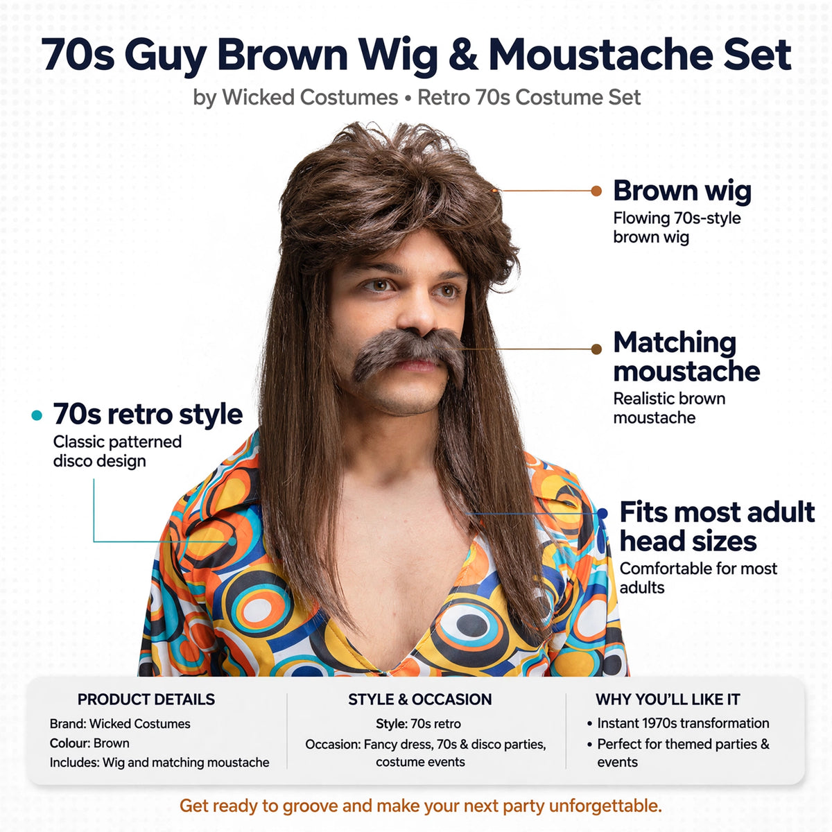 Features brown wig with flowing waves and matching moustache in 70s retro style